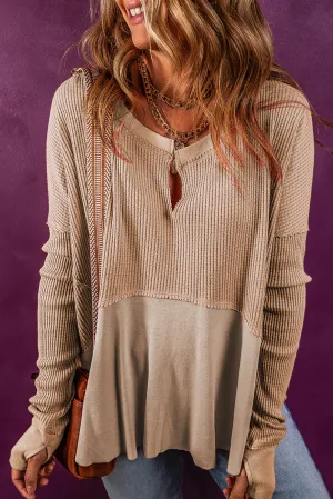 Flaxen Exposed Seam Slit Neck Waffle Knit Patchwork Top