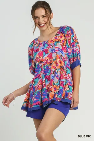 Floral Print Round Neck Pleated Baby Doll Top With 3/4 Sleeves