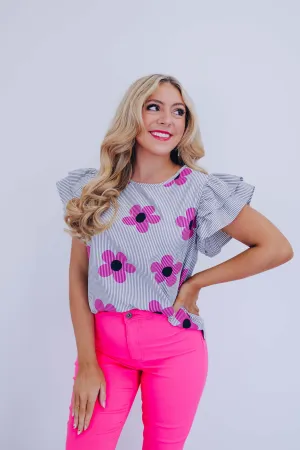 Flower Power Striped Ruffle Sleeve Top - Black