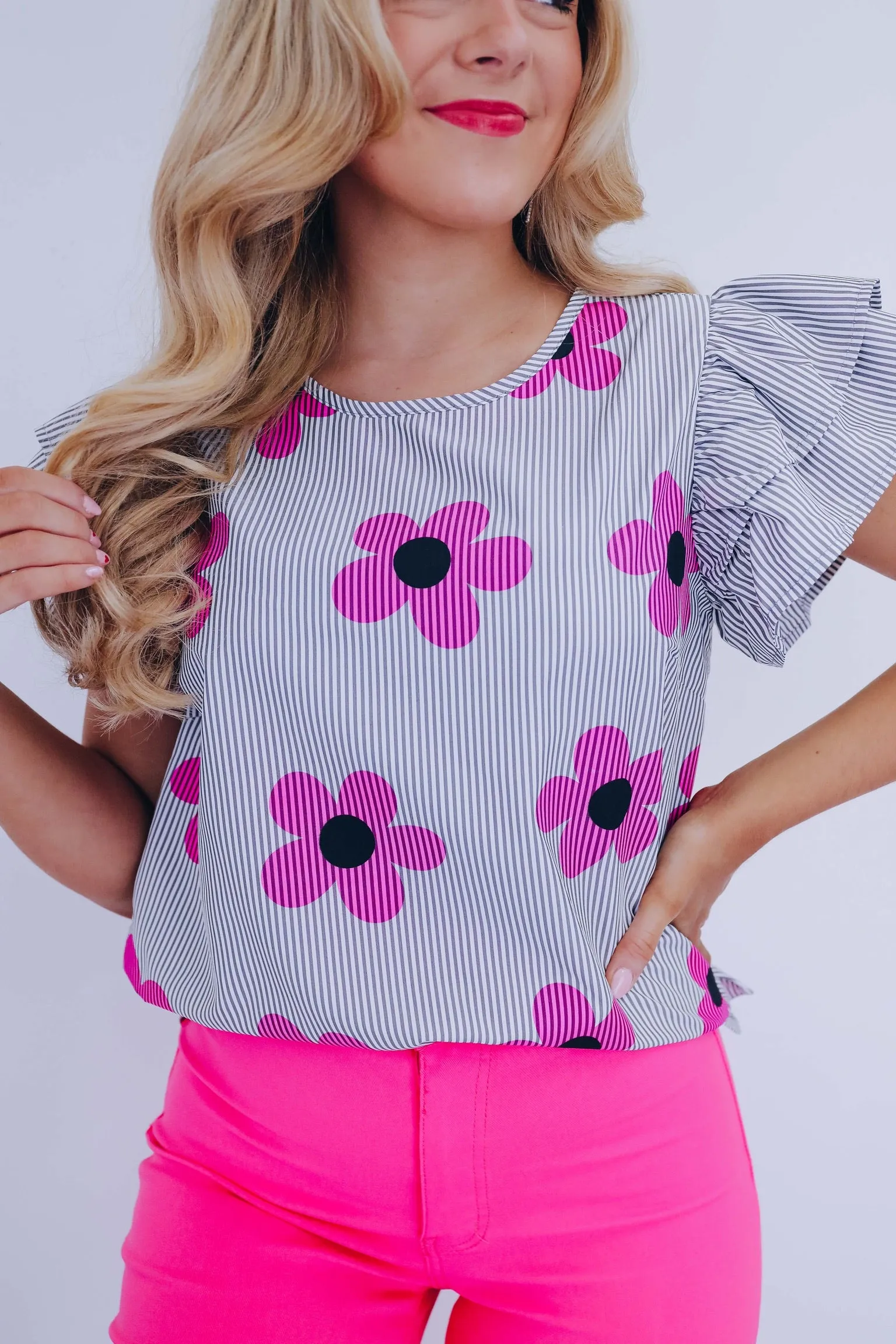 Flower Power Striped Ruffle Sleeve Top - Black