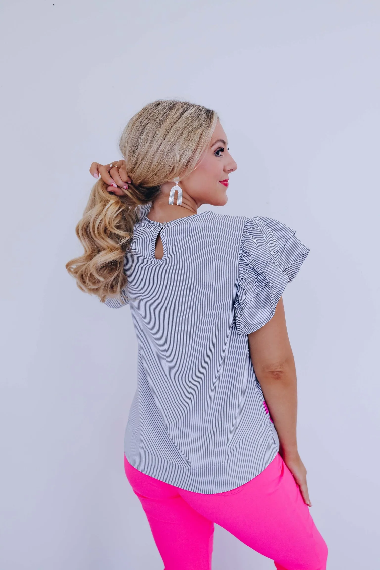 Flower Power Striped Ruffle Sleeve Top - Black