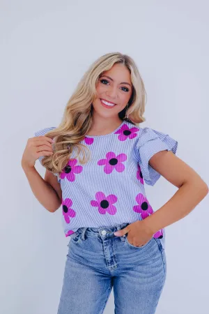 Flower Power Striped Ruffle Sleeve Top - Blue