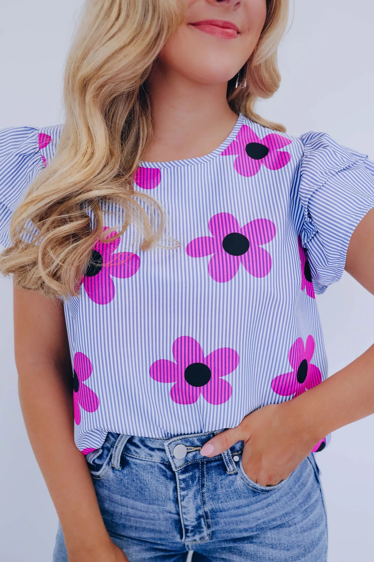 Flower Power Striped Ruffle Sleeve Top - Blue