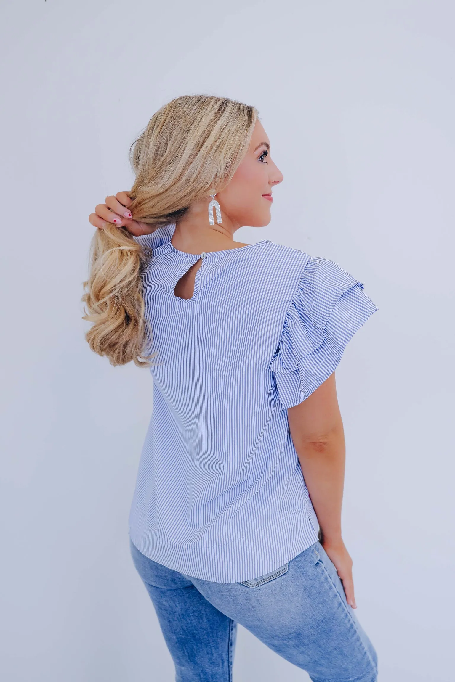 Flower Power Striped Ruffle Sleeve Top - Blue