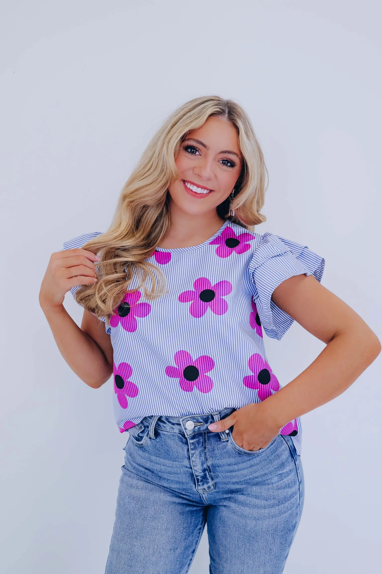 Flower Power Striped Ruffle Sleeve Top - Blue