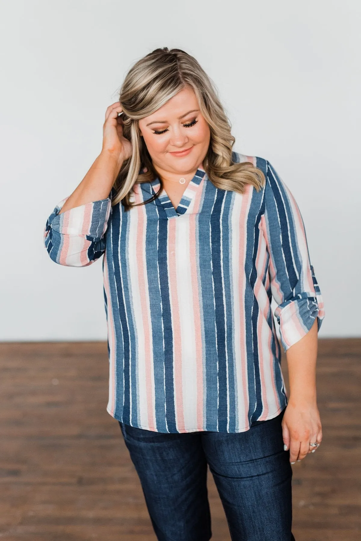 Good To Me V-Neck Striped Top- Navy & Peach