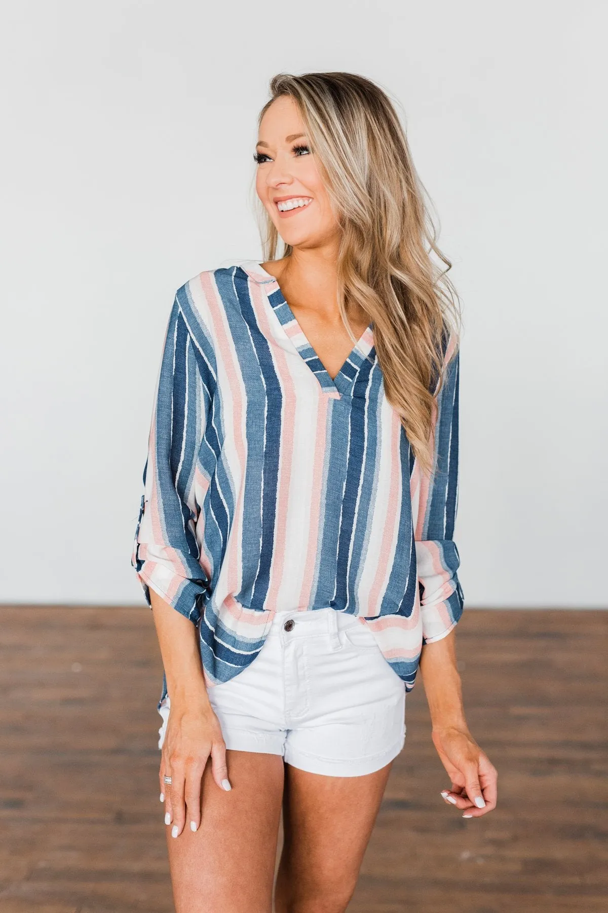 Good To Me V-Neck Striped Top- Navy & Peach
