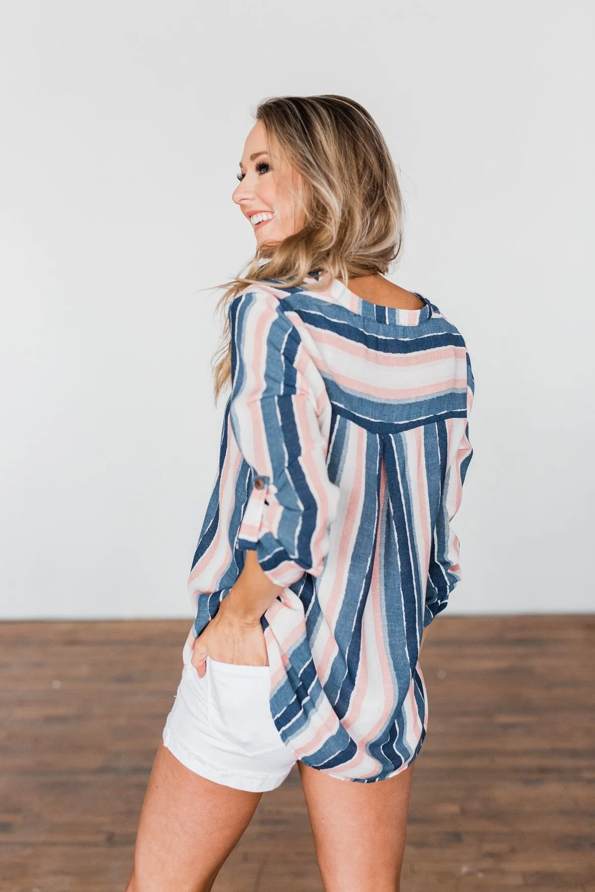 Good To Me V-Neck Striped Top- Navy & Peach