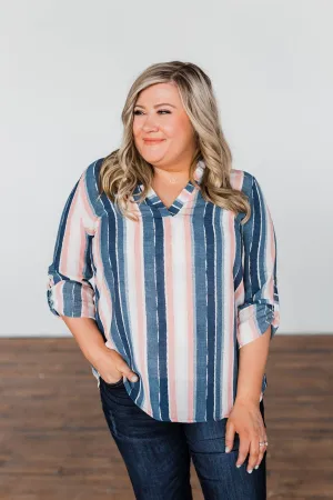 Good To Me V-Neck Striped Top- Navy & Peach