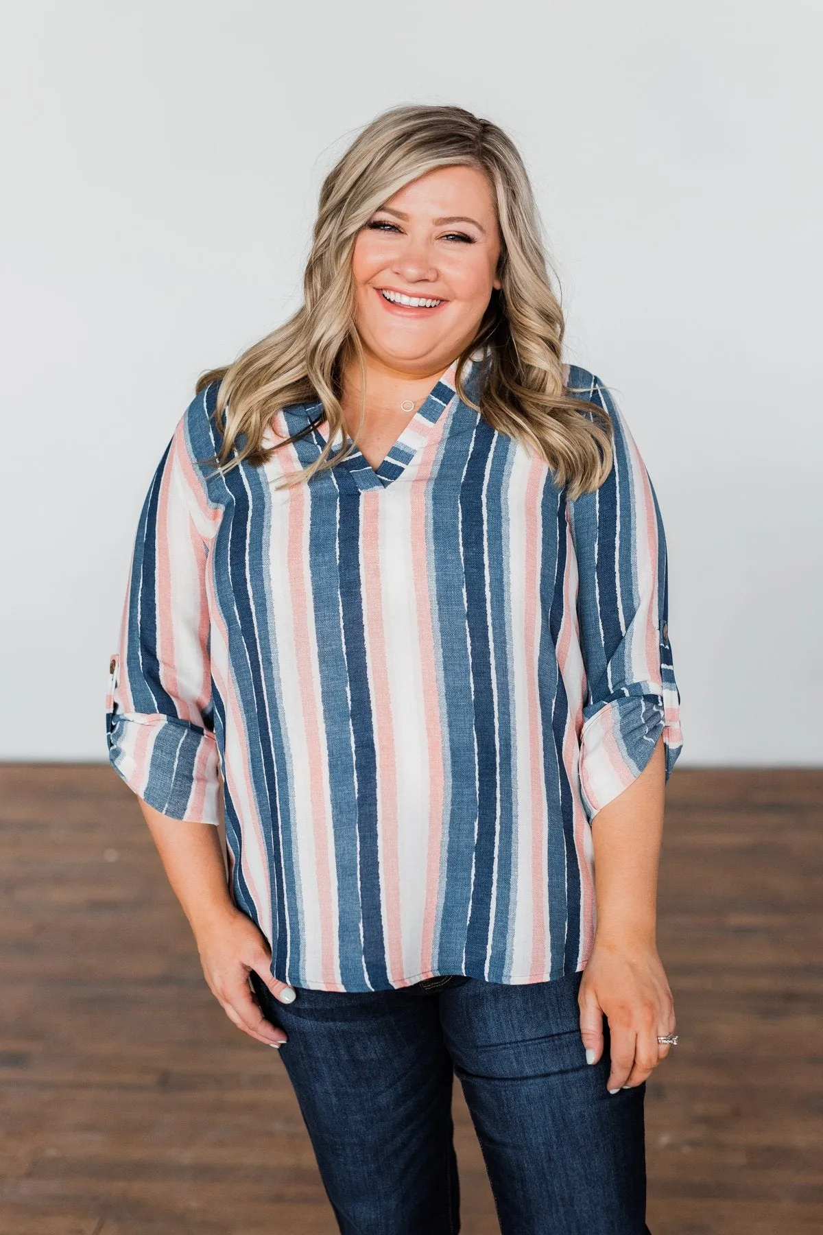 Good To Me V-Neck Striped Top- Navy & Peach