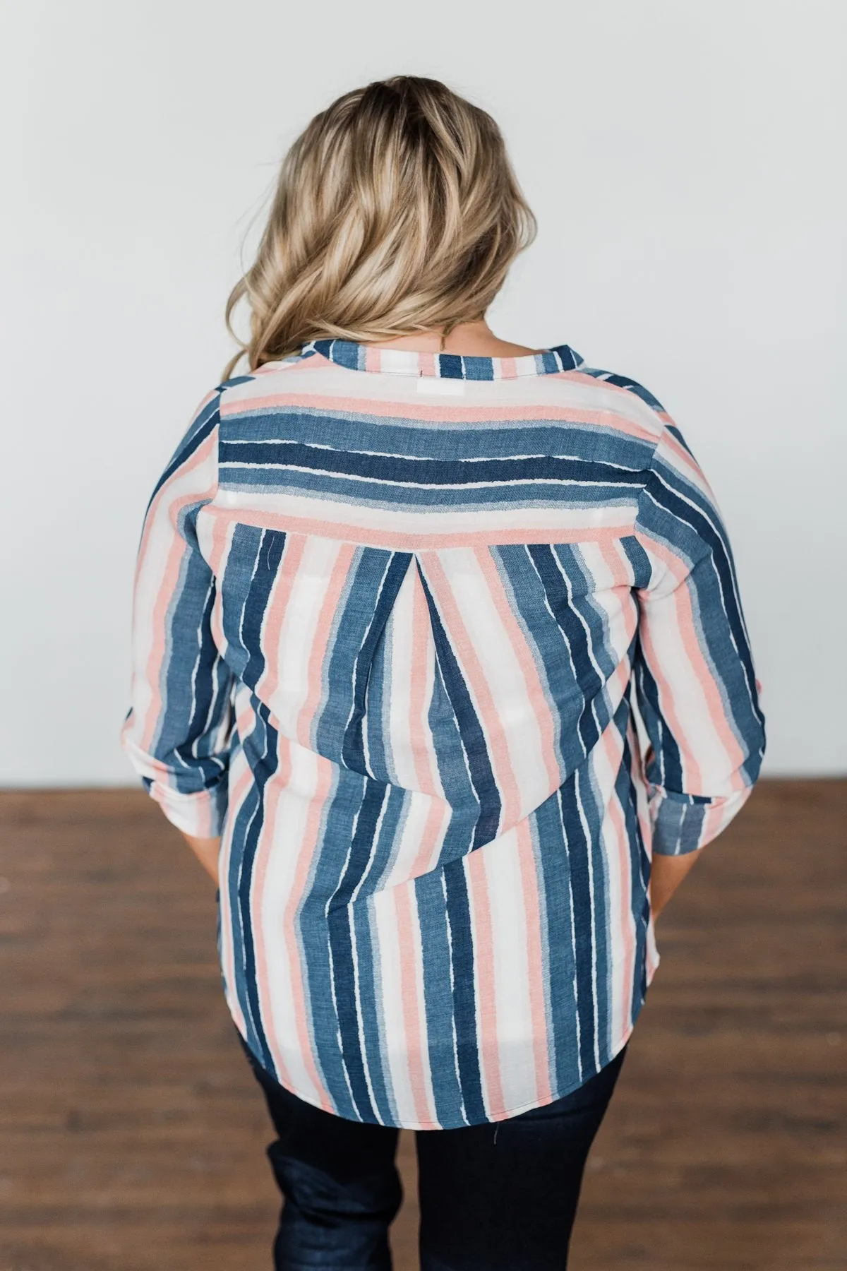 Good To Me V-Neck Striped Top- Navy & Peach