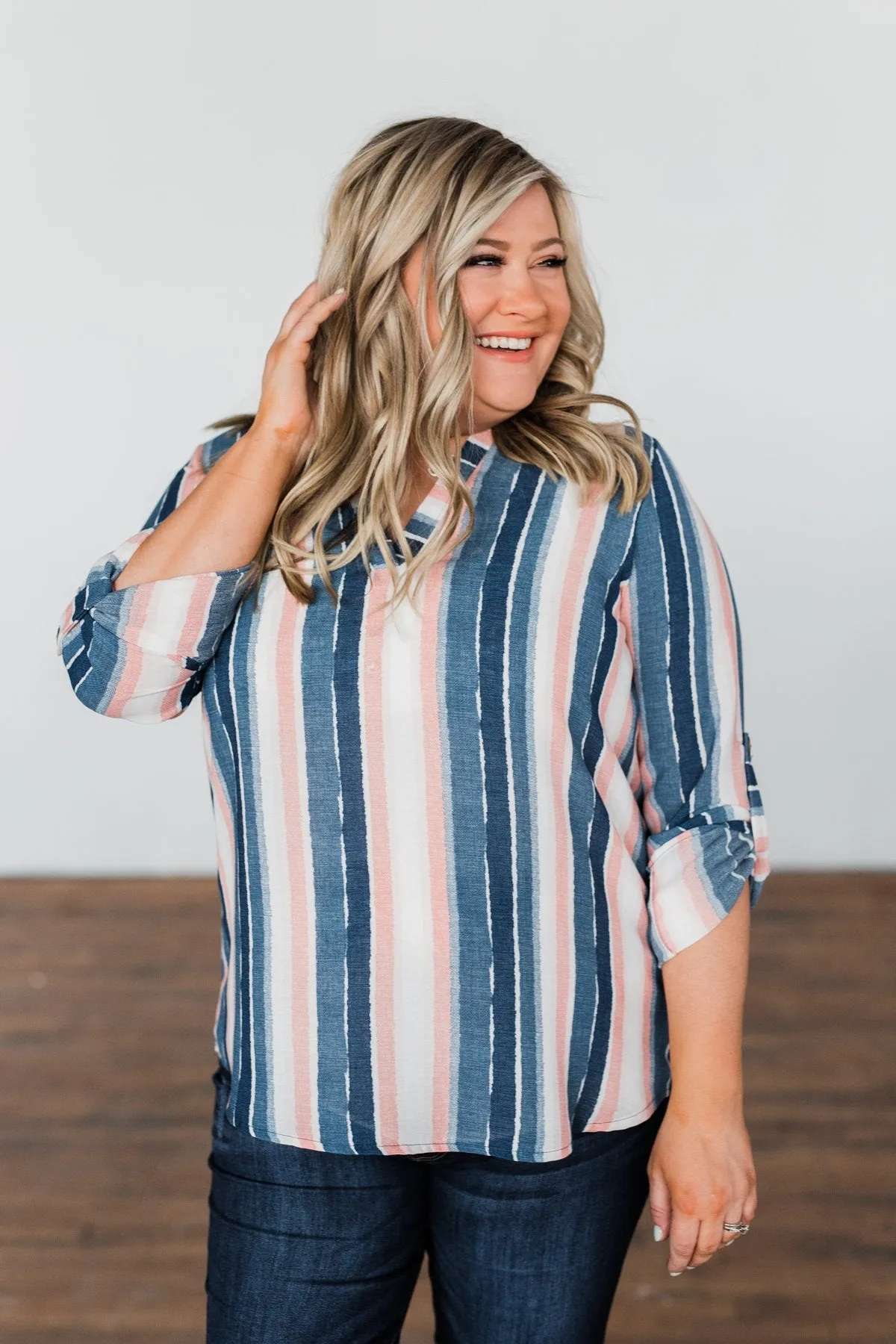 Good To Me V-Neck Striped Top- Navy & Peach