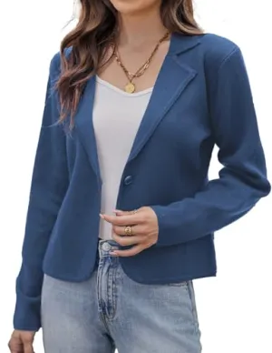 GRACE KARIN Women Sweater Blazer Button Slim Fit Business Casual Knit Crop Blazer Jacket Blue L