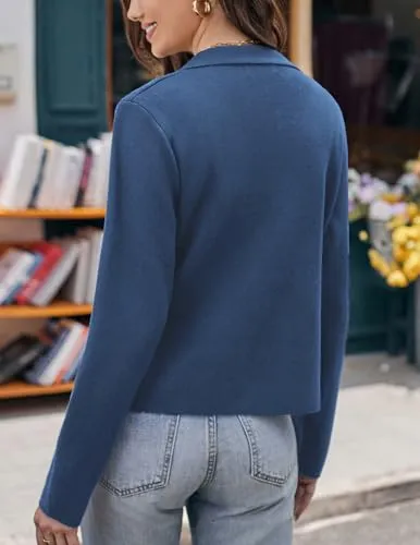 GRACE KARIN Women Sweater Blazer Button Slim Fit Business Casual Knit Crop Blazer Jacket Blue L