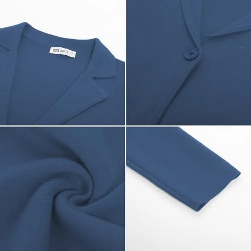 GRACE KARIN Women Sweater Blazer Button Slim Fit Business Casual Knit Crop Blazer Jacket Blue L