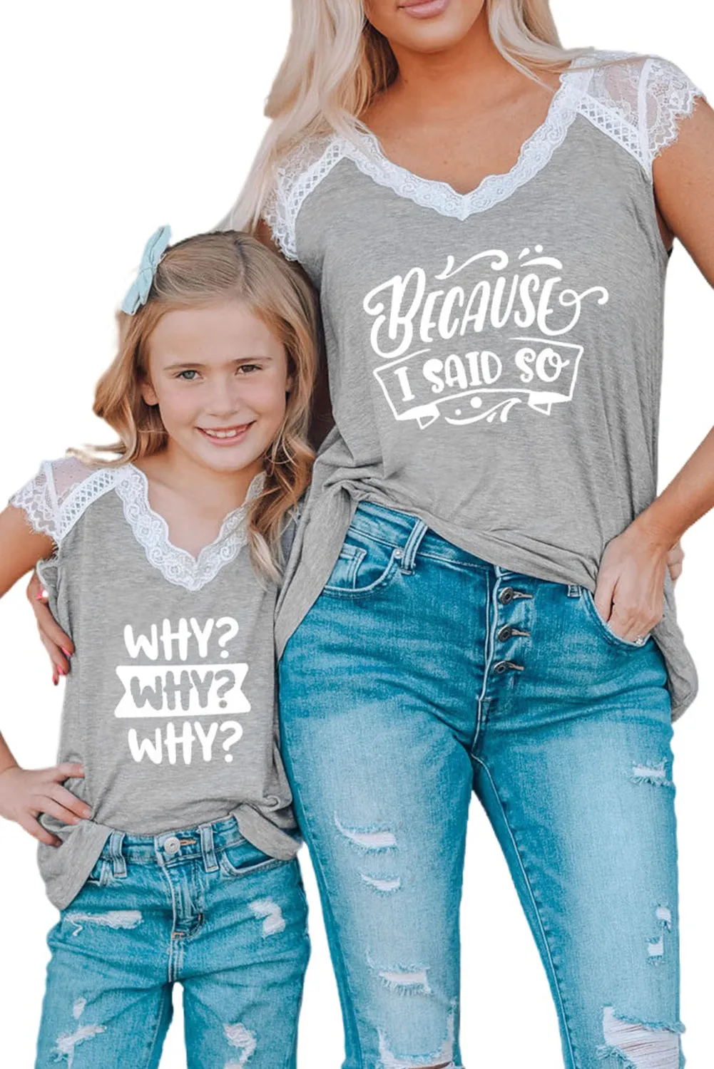 Gray Family Matching Letter Print Lace Crochet V Neck Top