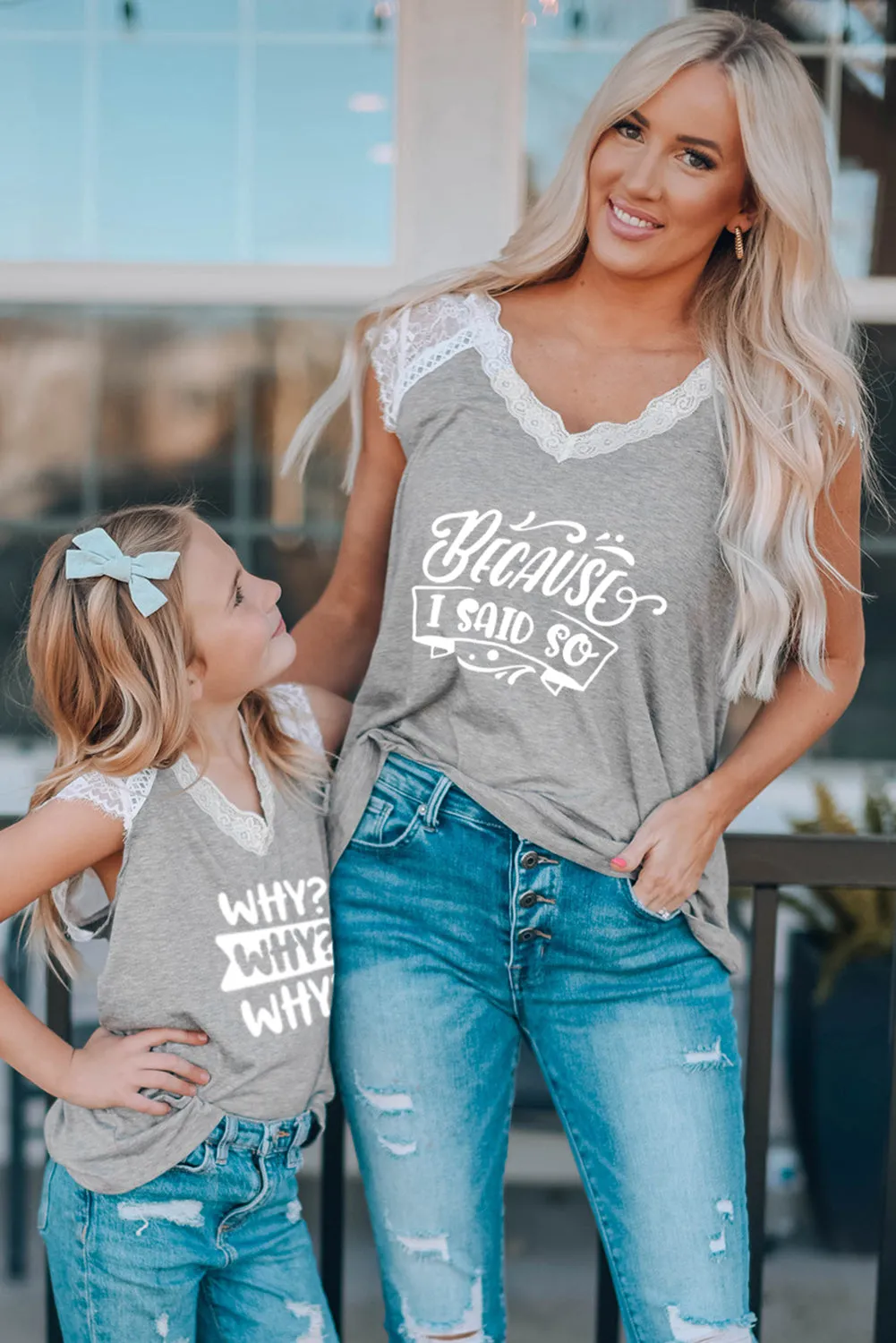 Gray Family Matching Letter Print Lace Crochet V Neck Top