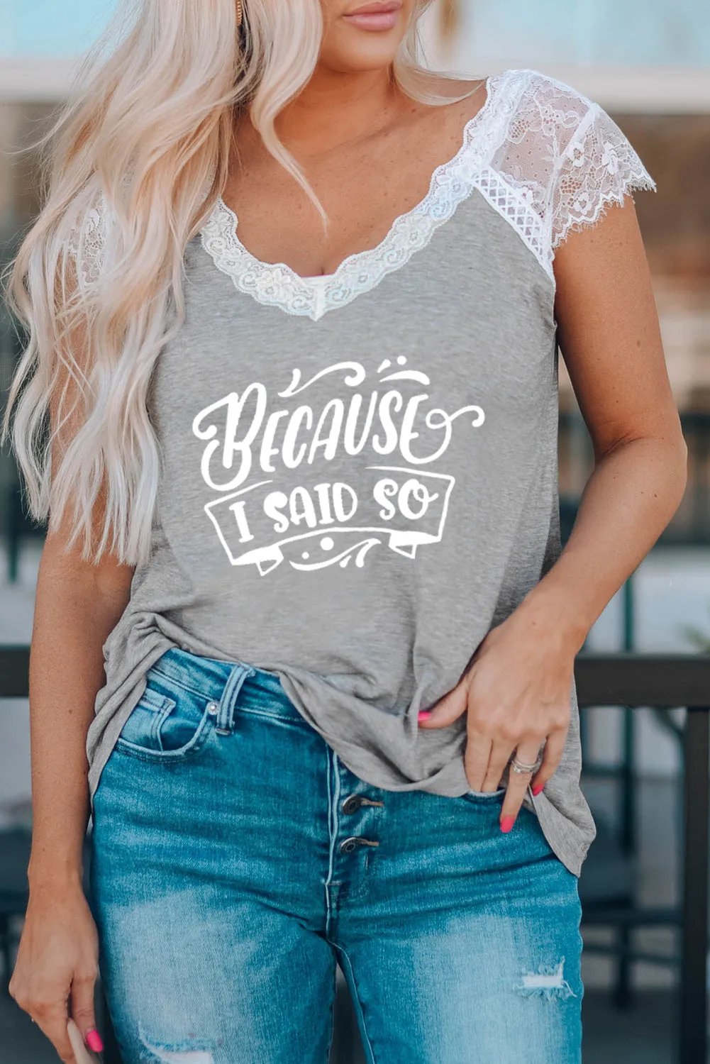 Gray Family Matching Letter Print Lace Crochet V Neck Top