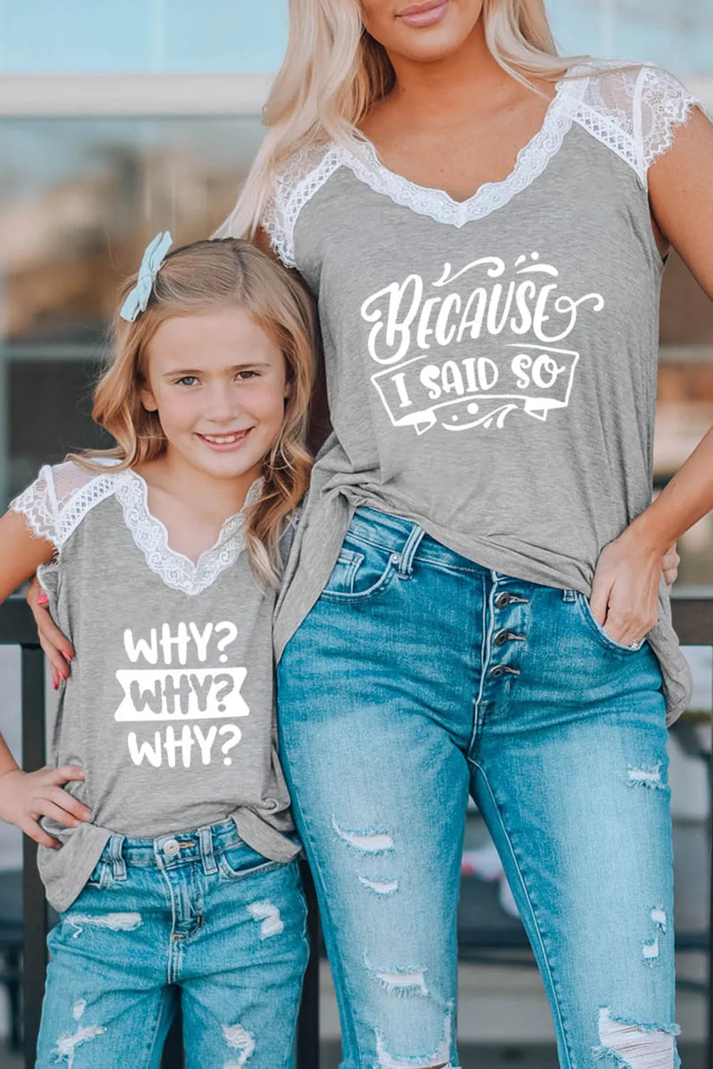 Gray Family Matching Letter Print Lace Crochet V Neck Top