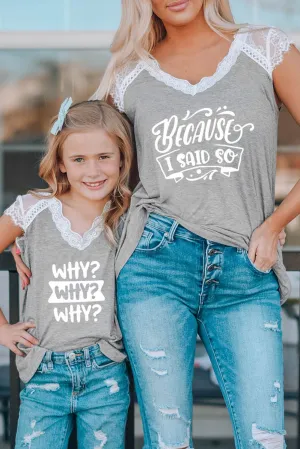 Gray Family Matching Letter Print Lace Crochet V Neck Top