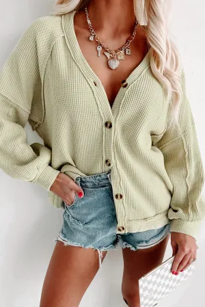 Green Expose Seam Button Up Waffle Knit Cardigan