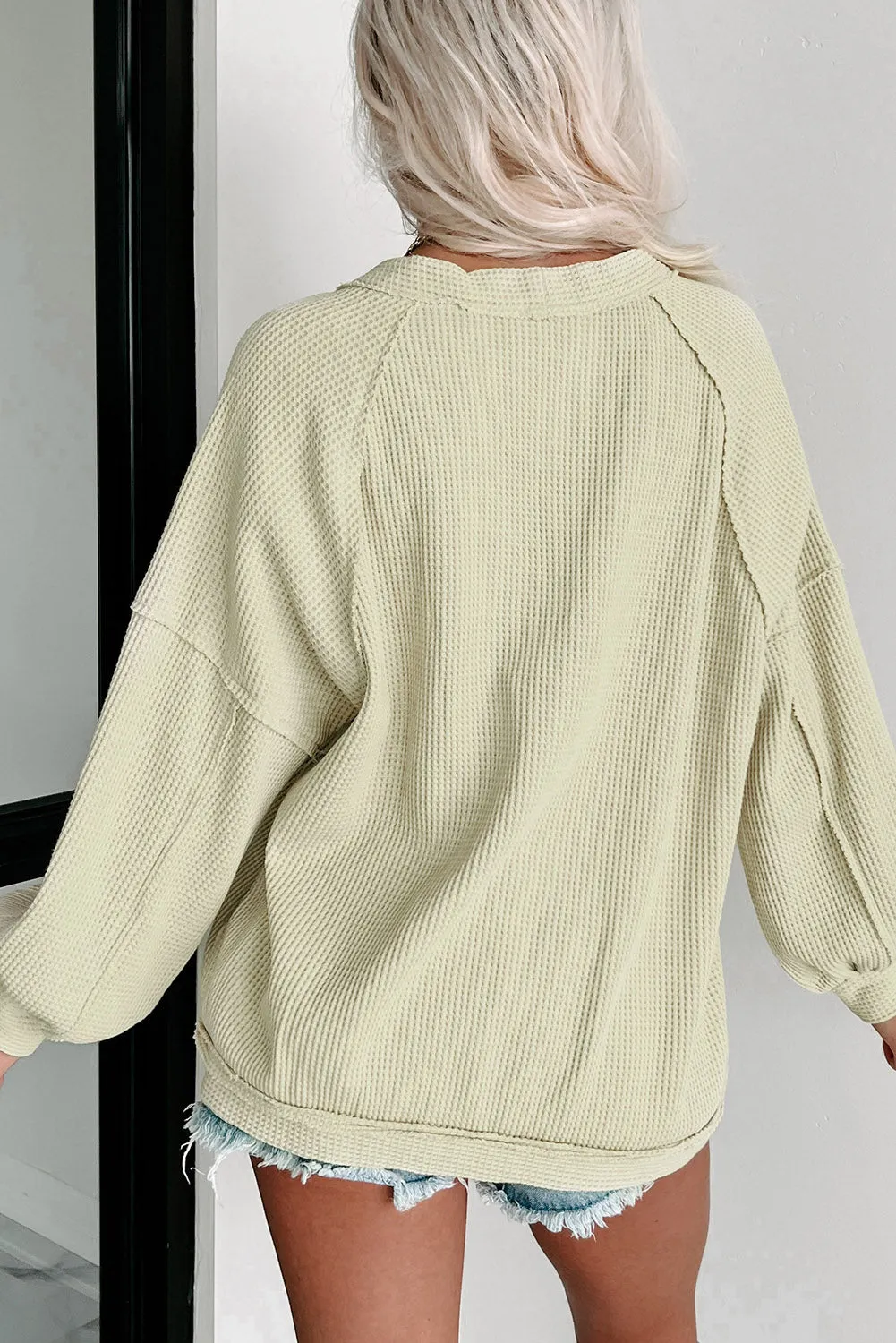 Green Expose Seam Button Up Waffle Knit Cardigan