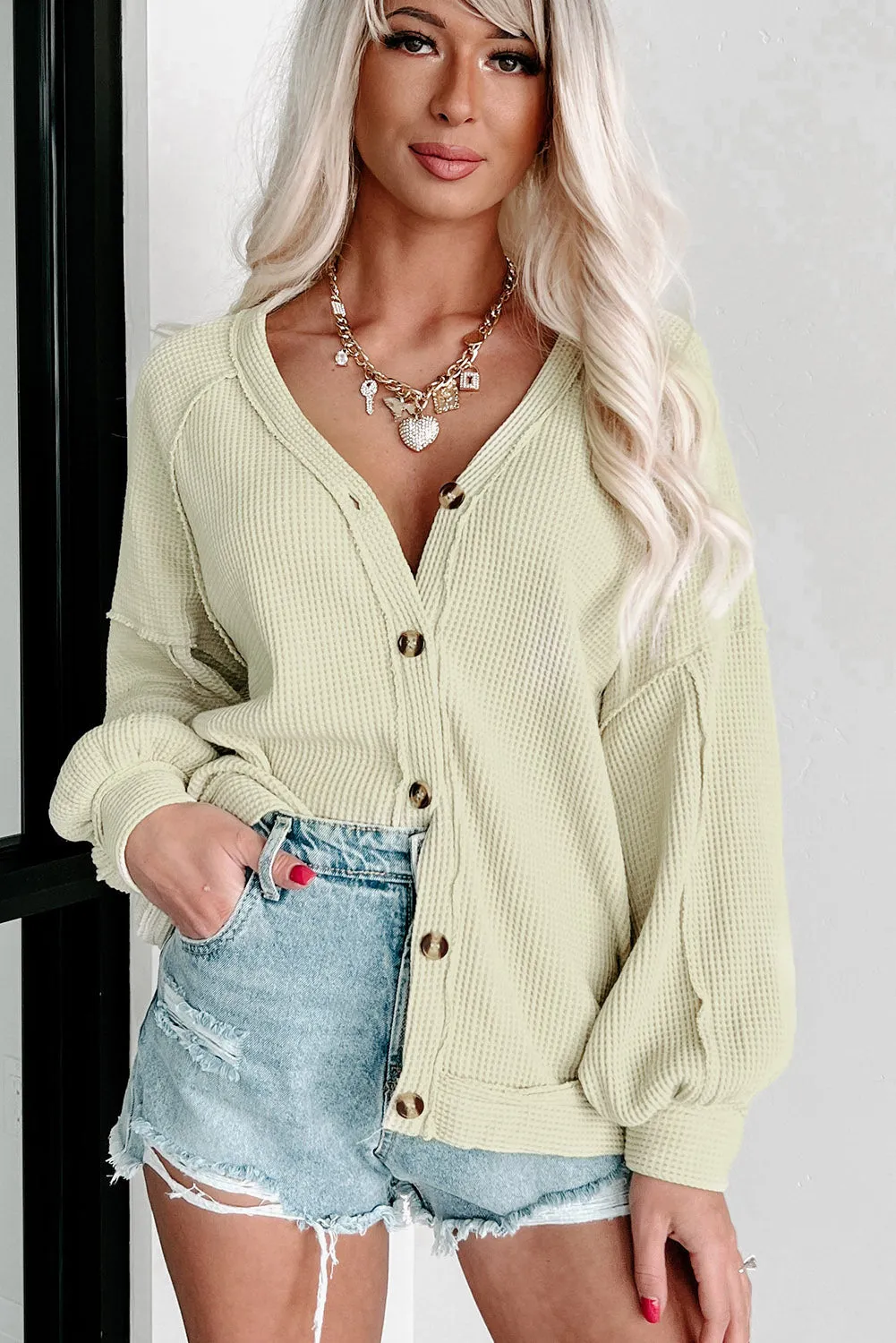 Green Expose Seam Button Up Waffle Knit Cardigan