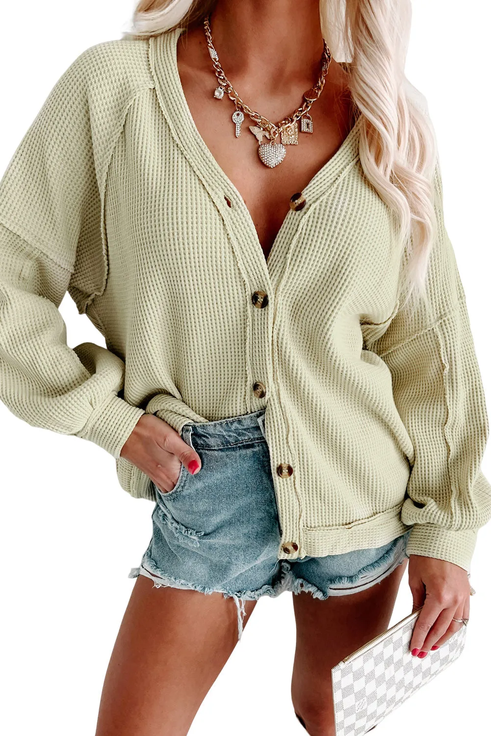 Green Expose Seam Button Up Waffle Knit Cardigan