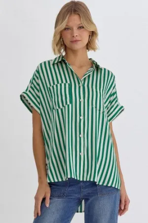 Green   White Stripe Collared Button Up