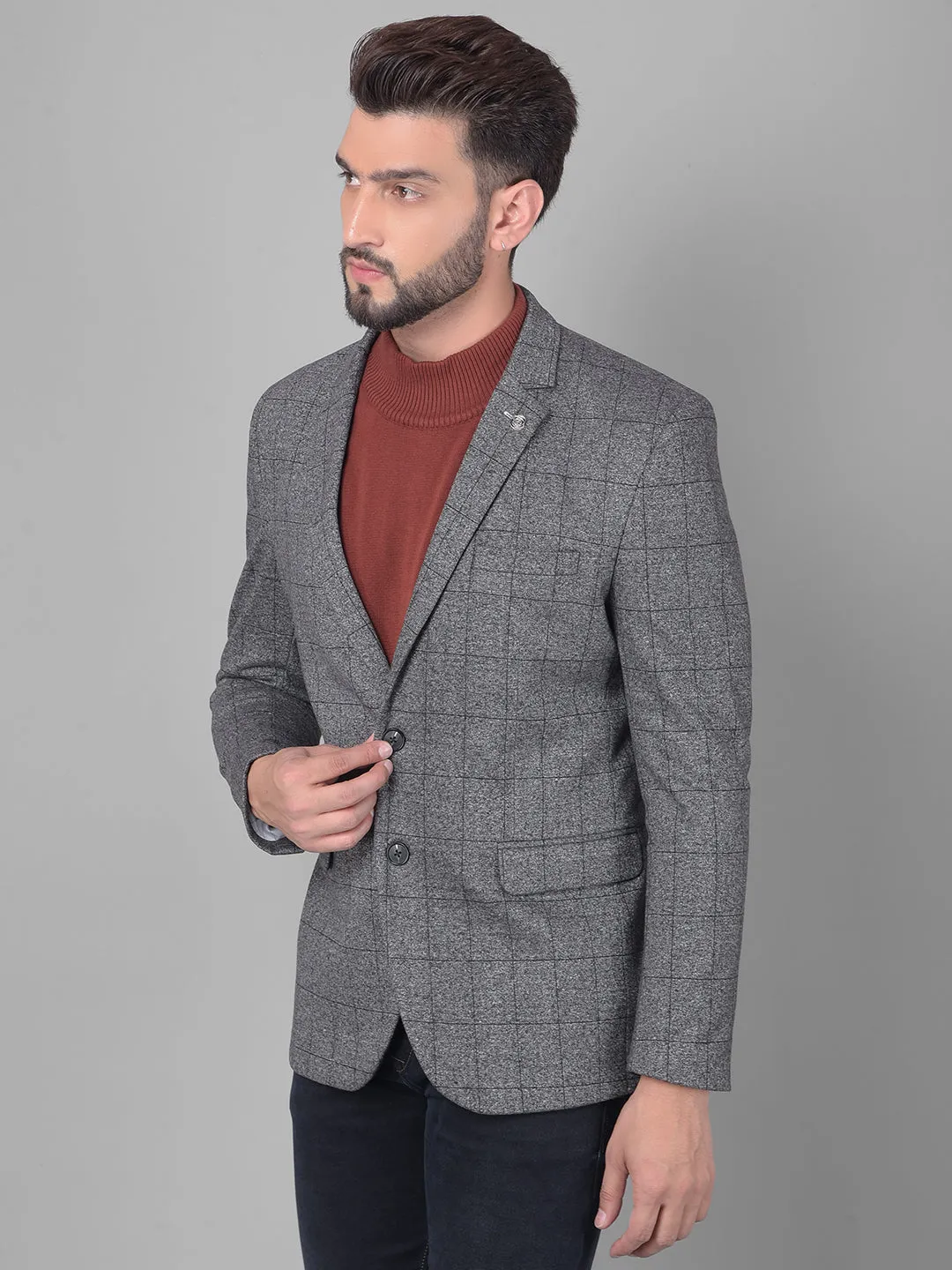 Grey Checked Single Breasted Blazer