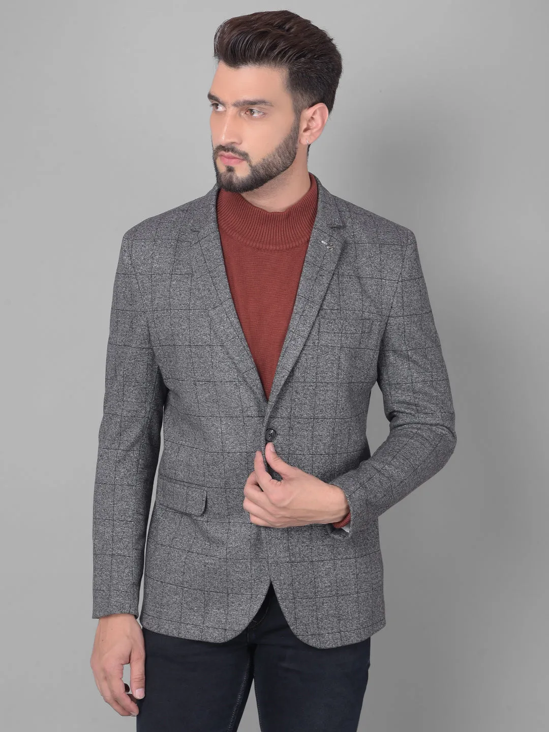 Grey Checked Single Breasted Blazer