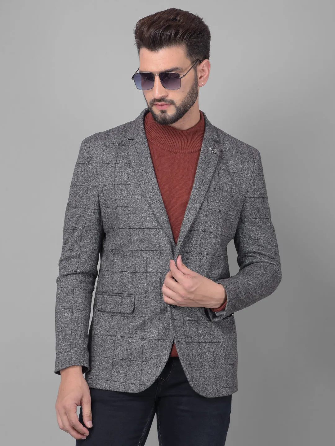 Grey Checked Single Breasted Blazer