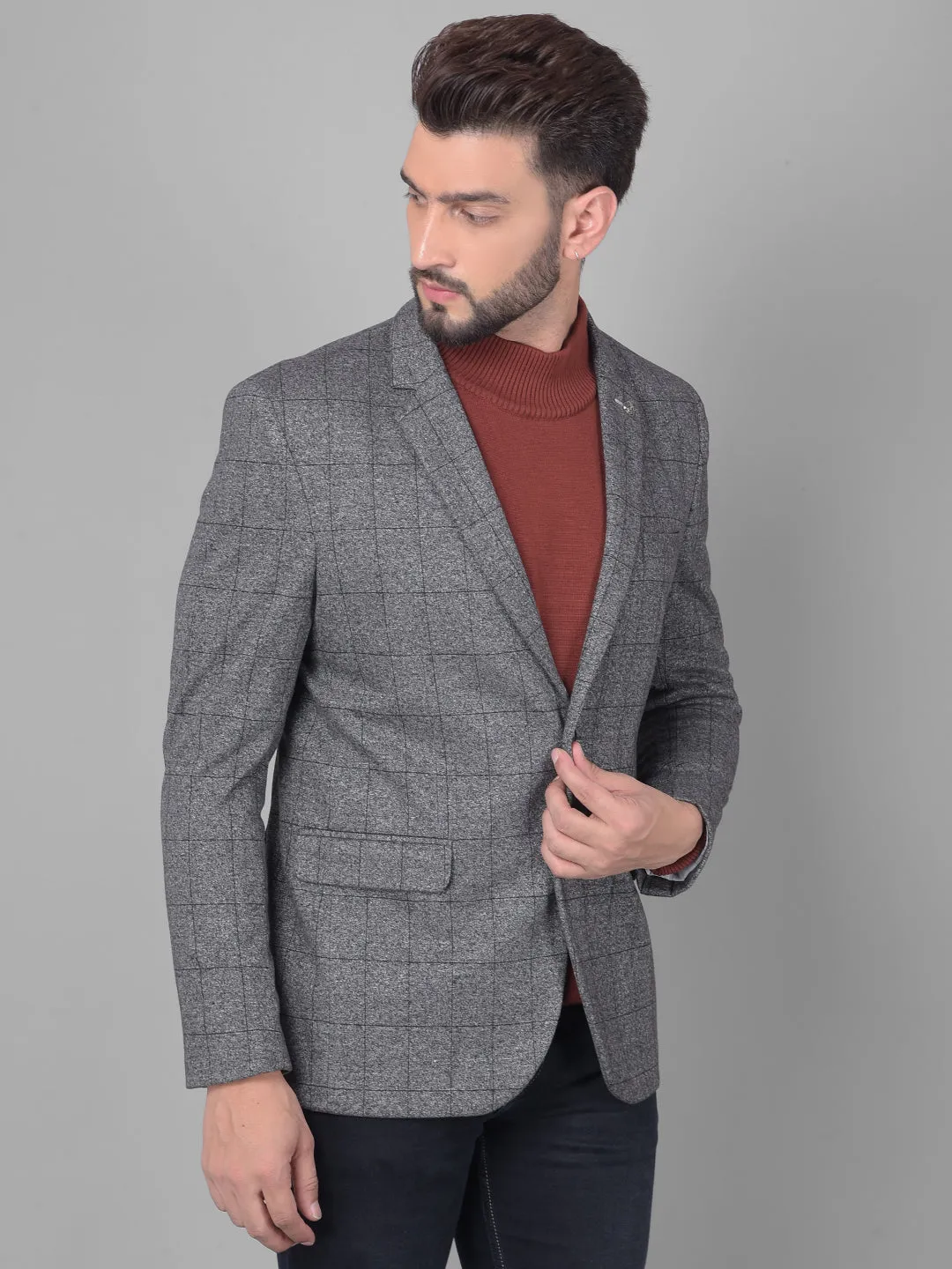 Grey Checked Single Breasted Blazer