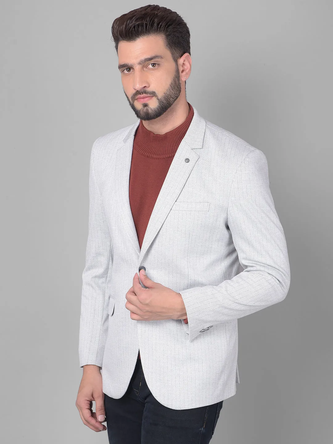 Grey Striped Single Breasted Blazer