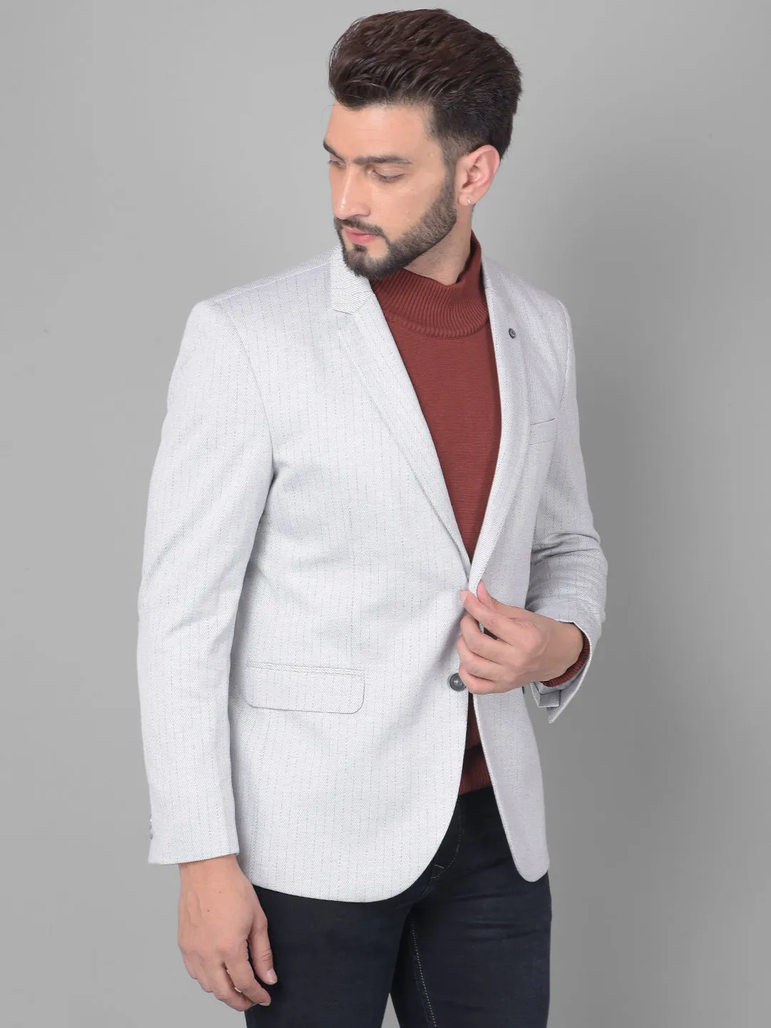 Grey Striped Single Breasted Blazer