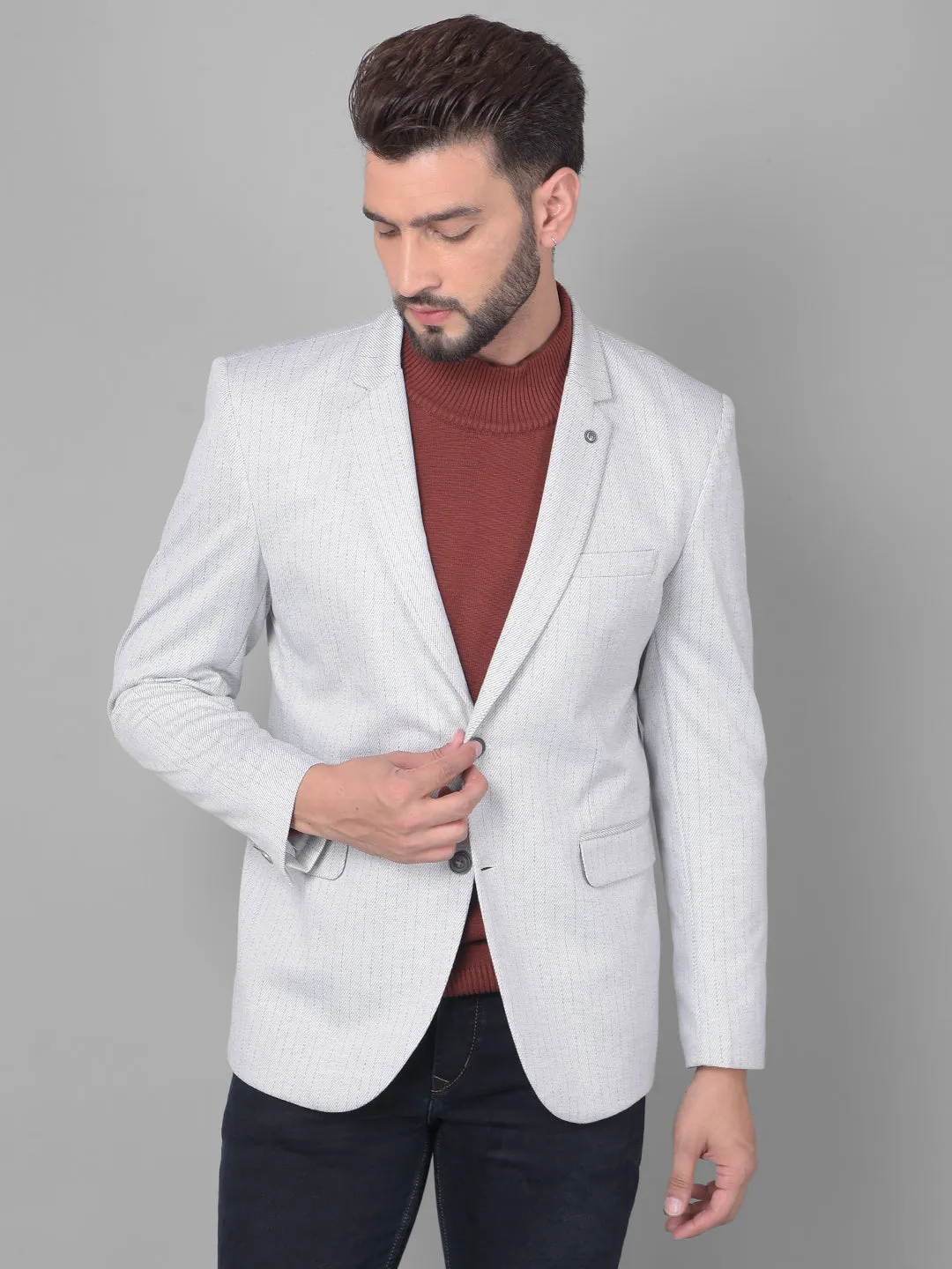 Grey Striped Single Breasted Blazer