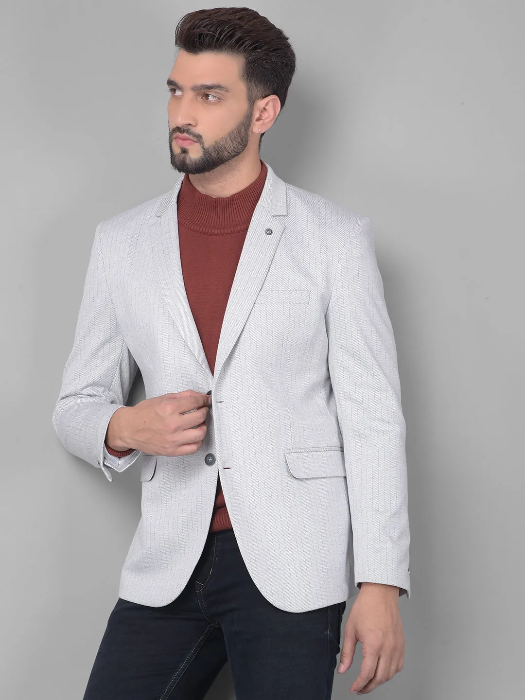 Grey Striped Single Breasted Blazer