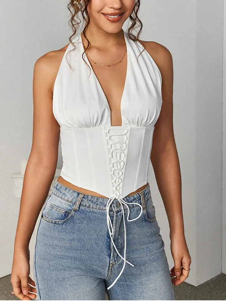 Halter V-neck Tie Up Ruched Corset Top