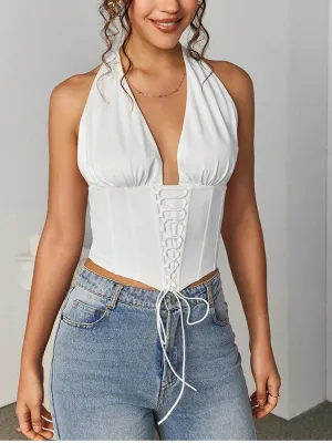 Halter V-neck Tie Up Ruched Corset Top
