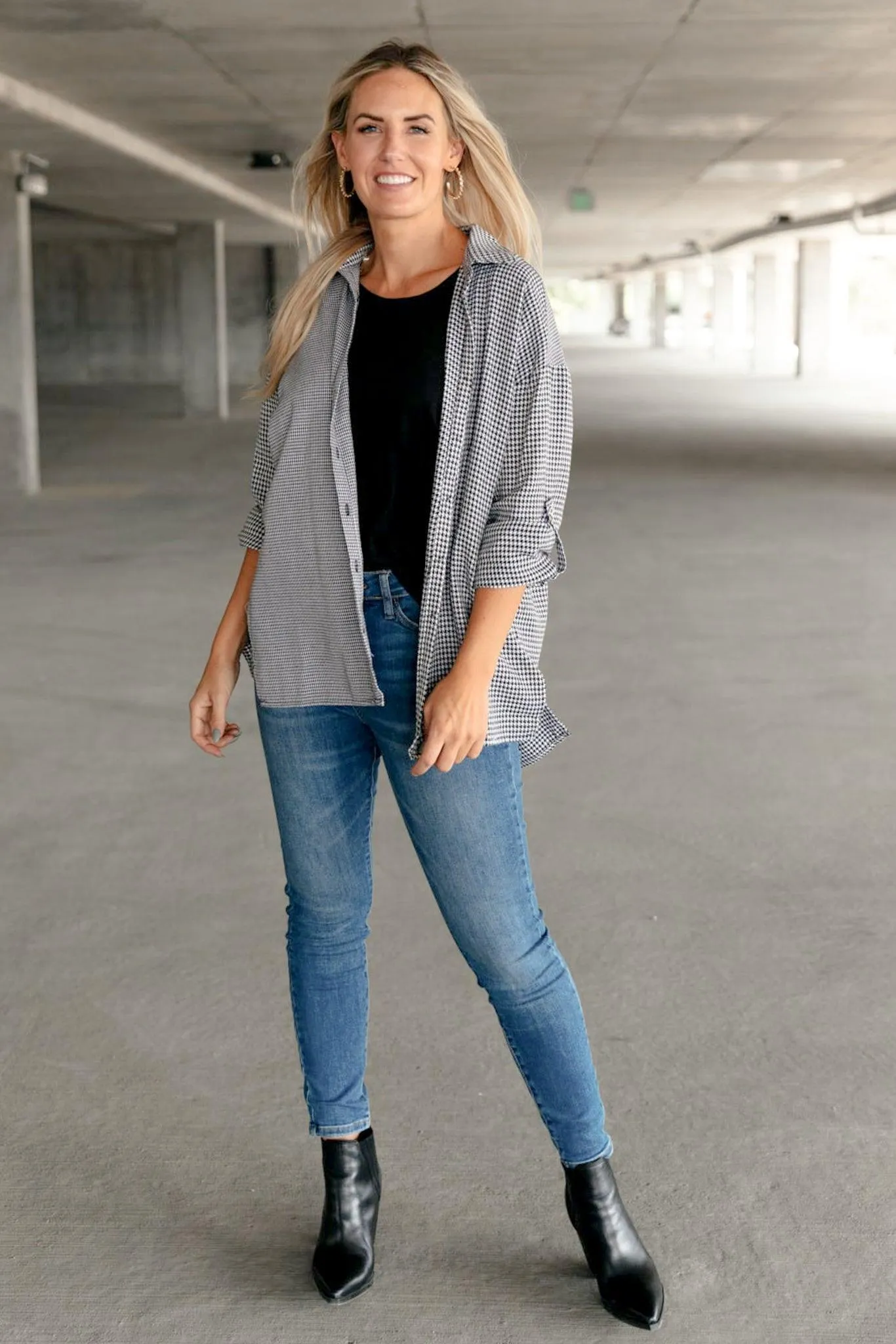 Hazel Blues® | Mixed Houndstooth Button Up Top