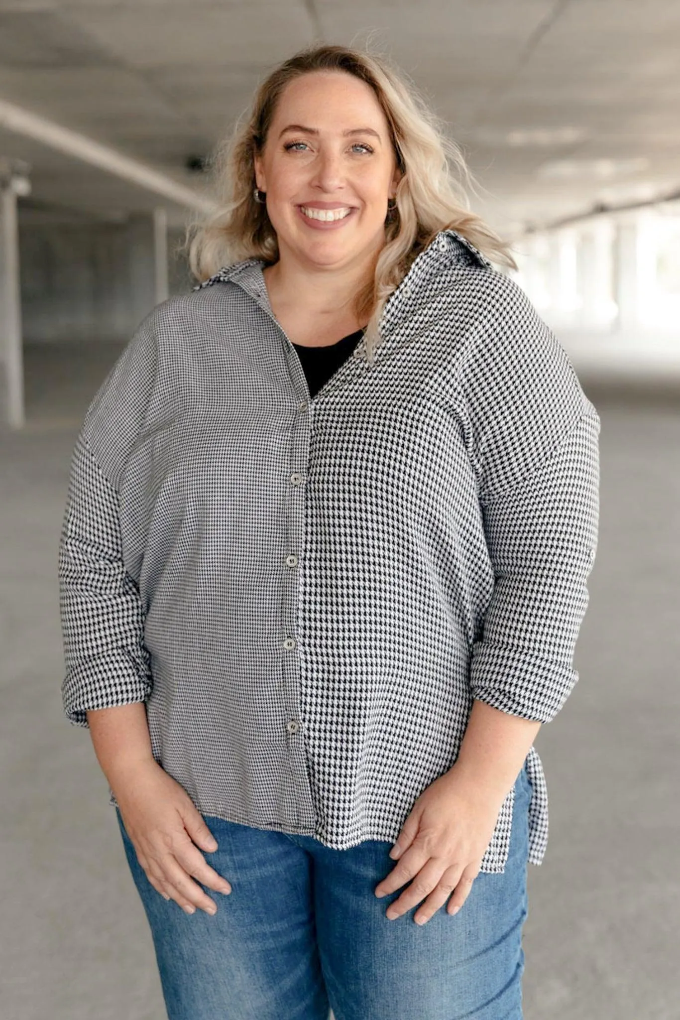 Hazel Blues® | Mixed Houndstooth Button Up Top