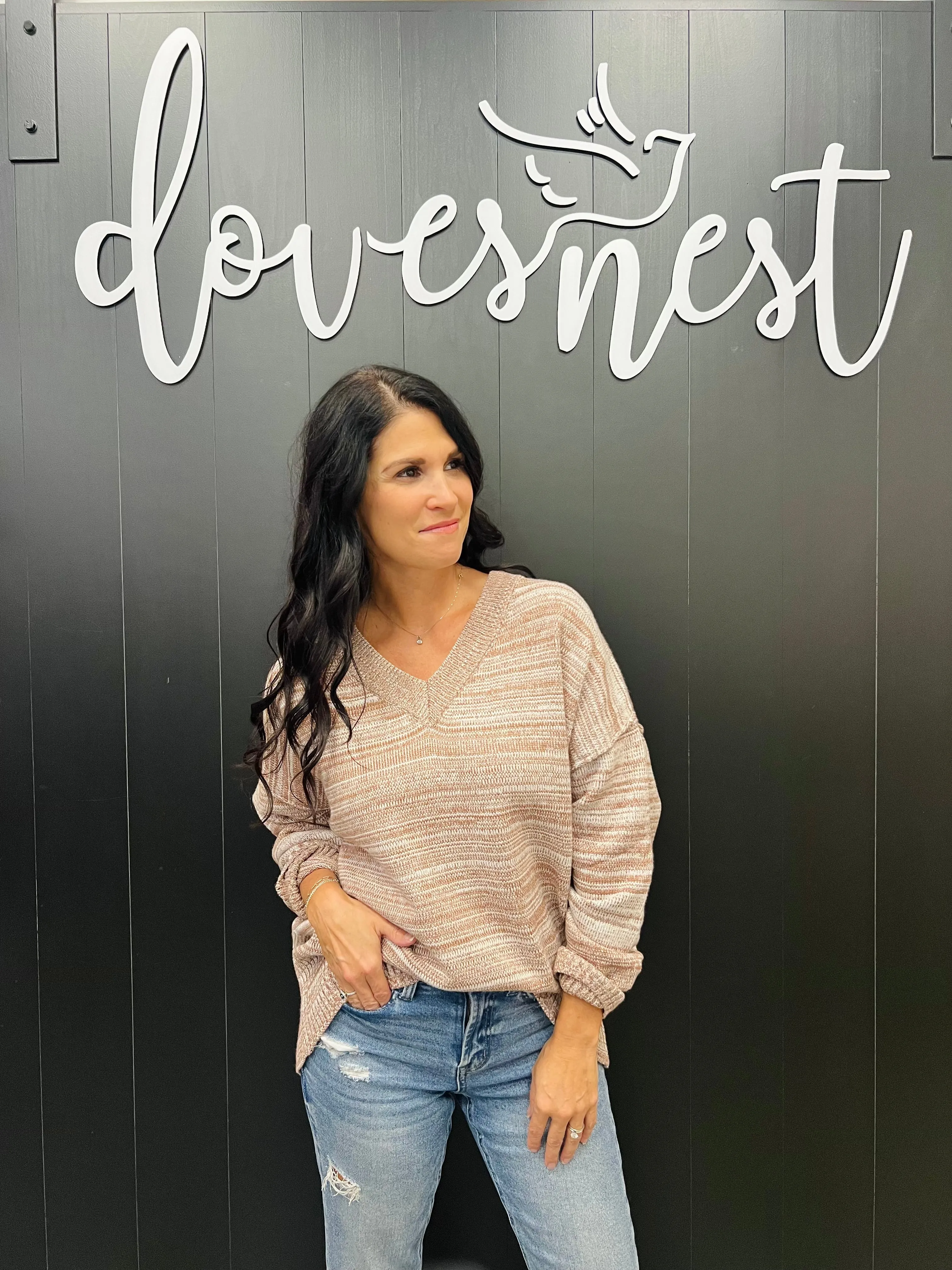 Heathered Mocha V Neck Sweater