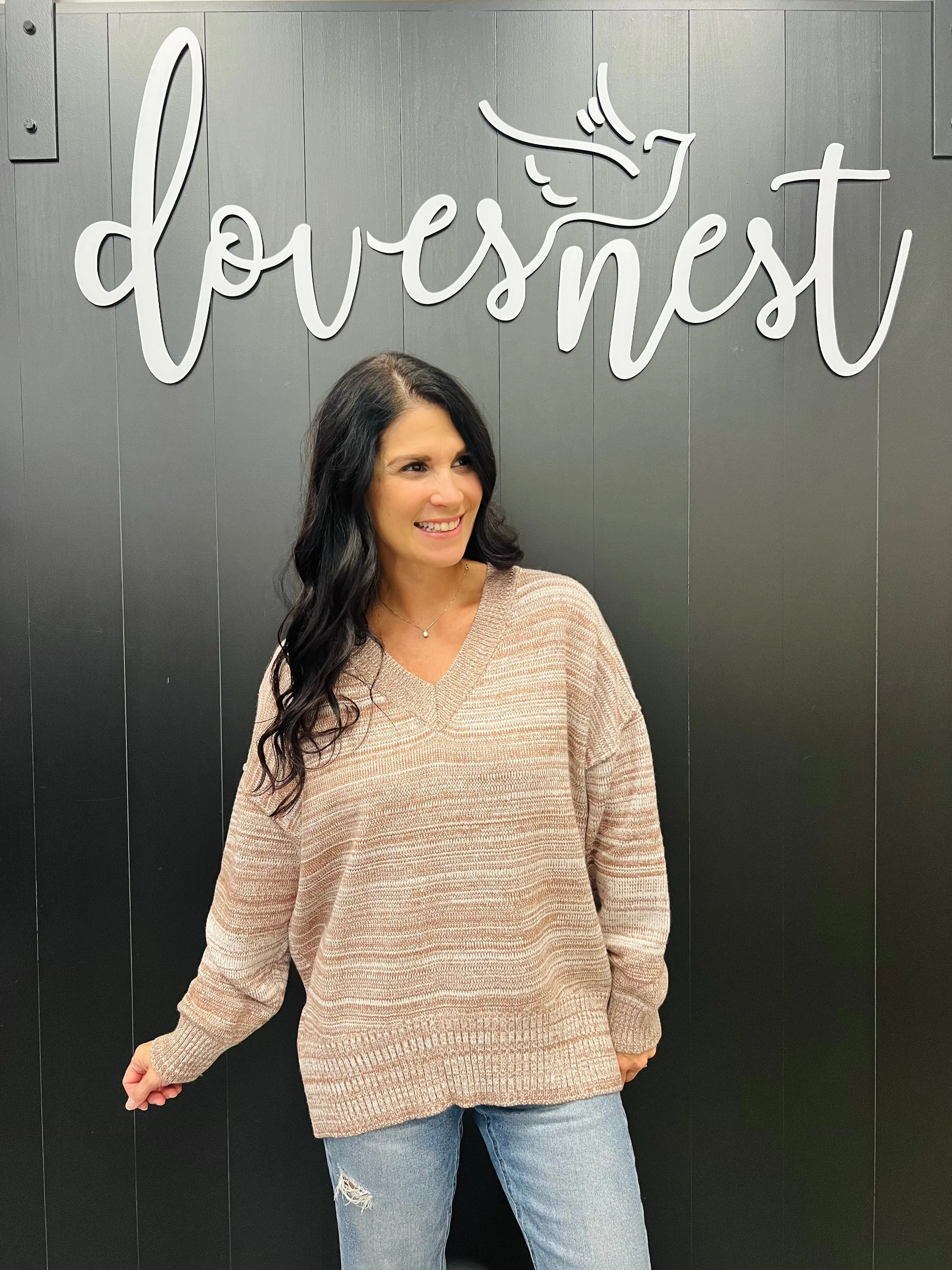 Heathered Mocha V Neck Sweater