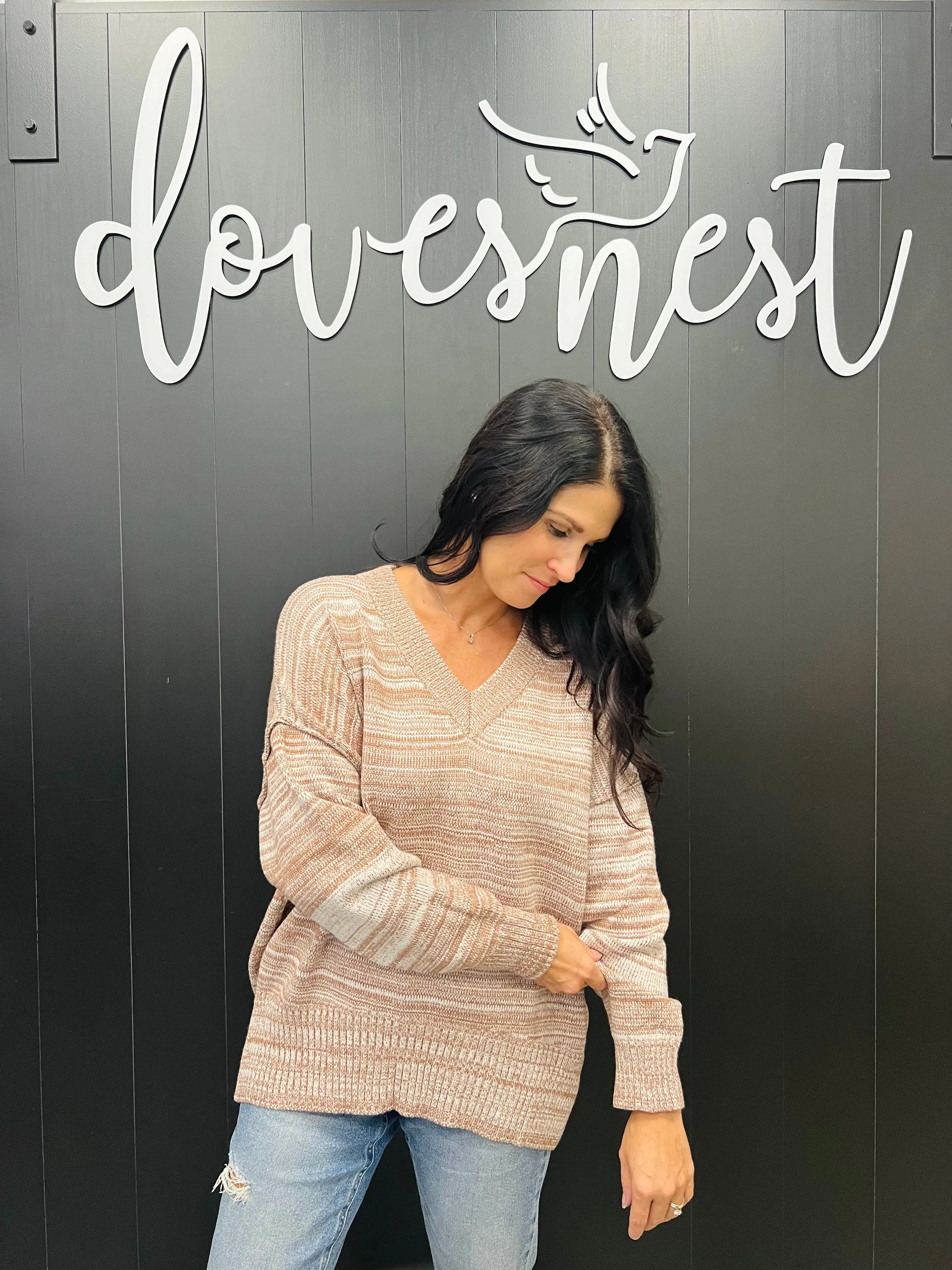 Heathered Mocha V Neck Sweater