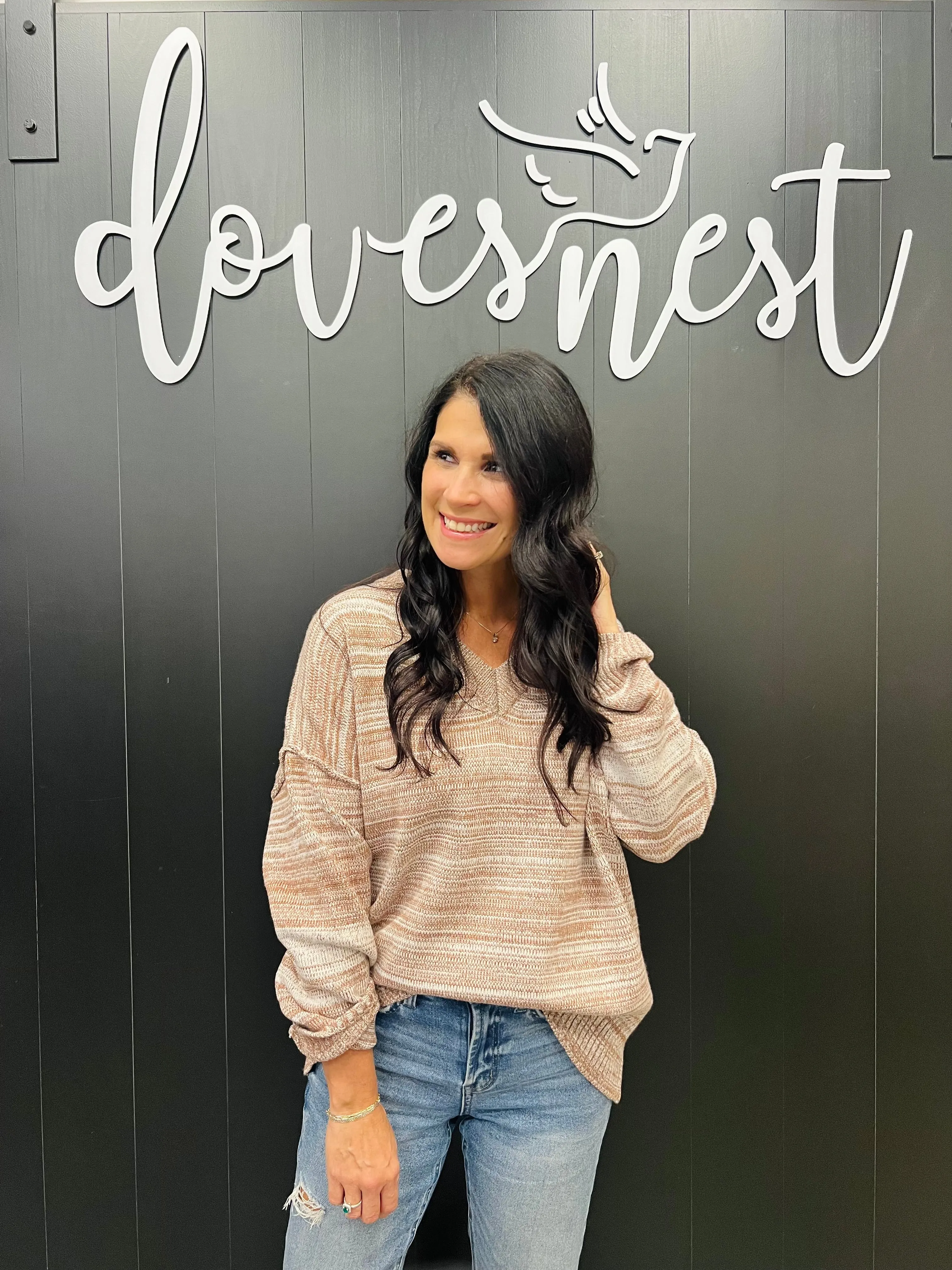 Heathered Mocha V Neck Sweater