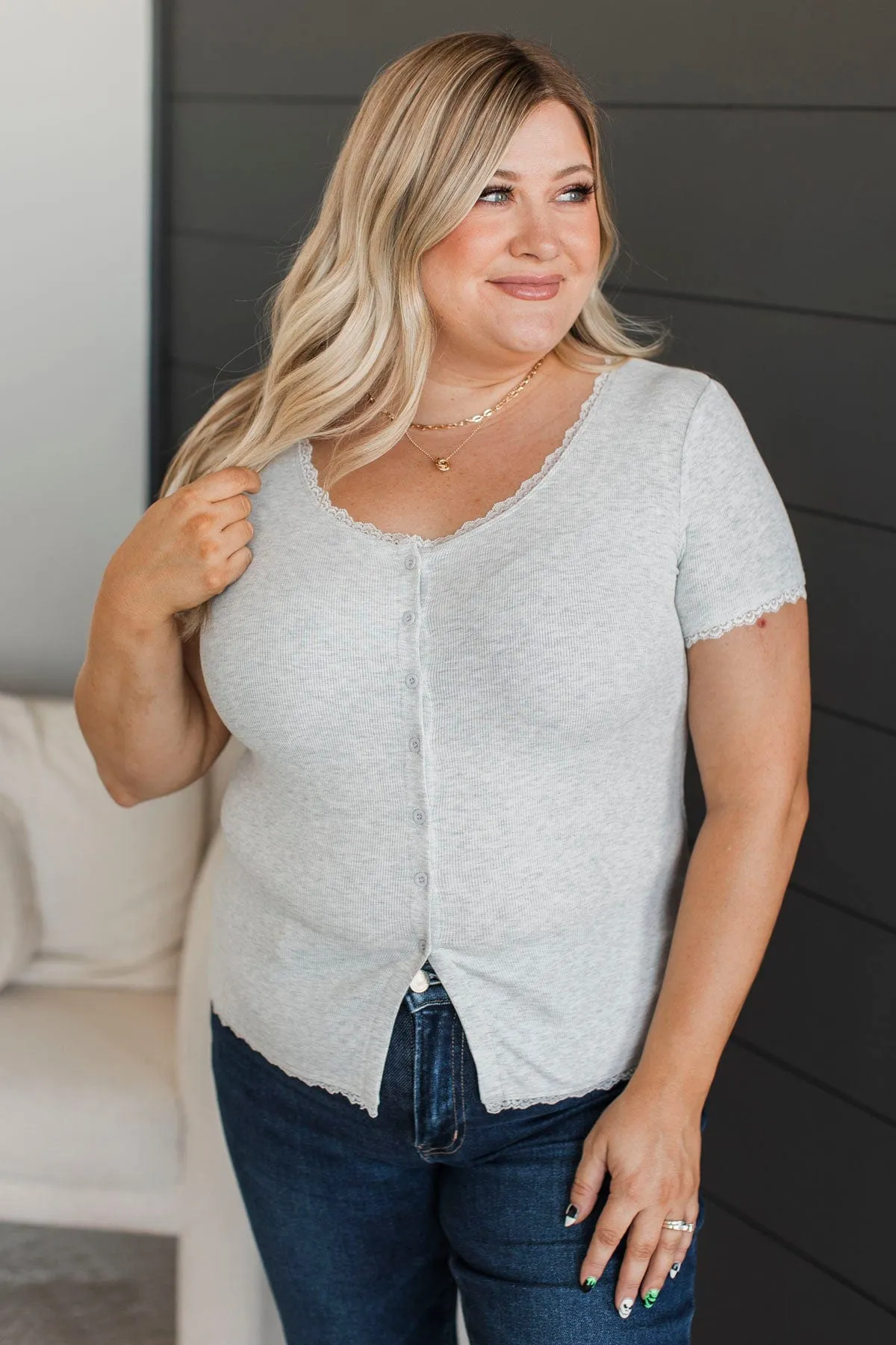 Hold Me Forever Knit Button Top- Heather Grey