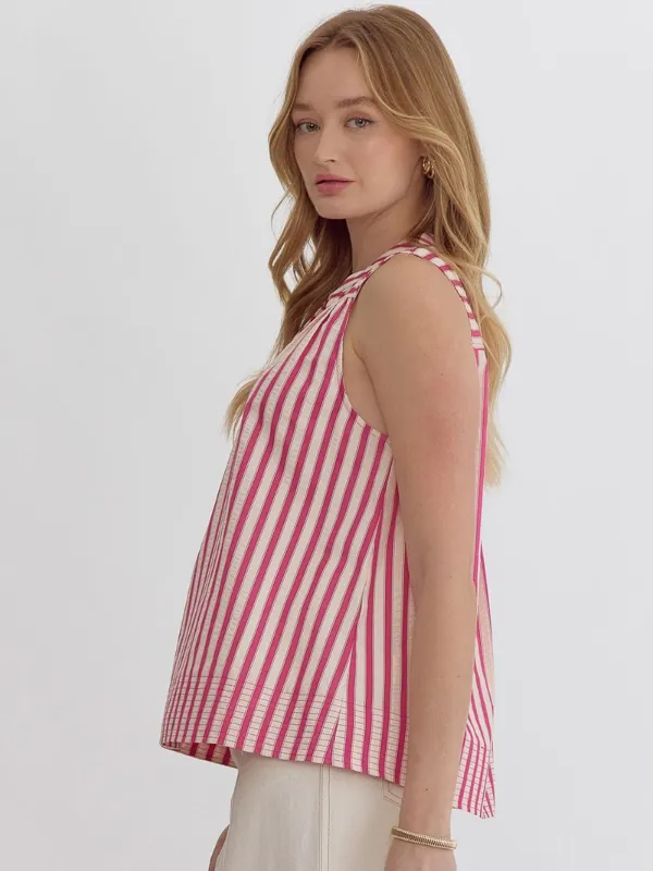 Hot Pink Striped V-Neck Sleeveless Top