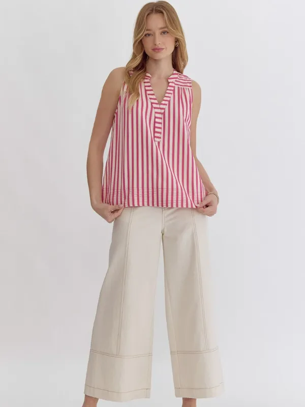 Hot Pink Striped V-Neck Sleeveless Top