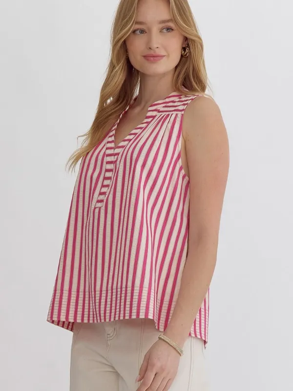 Hot Pink Striped V-Neck Sleeveless Top