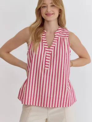 Hot Pink Striped V-Neck Sleeveless Top